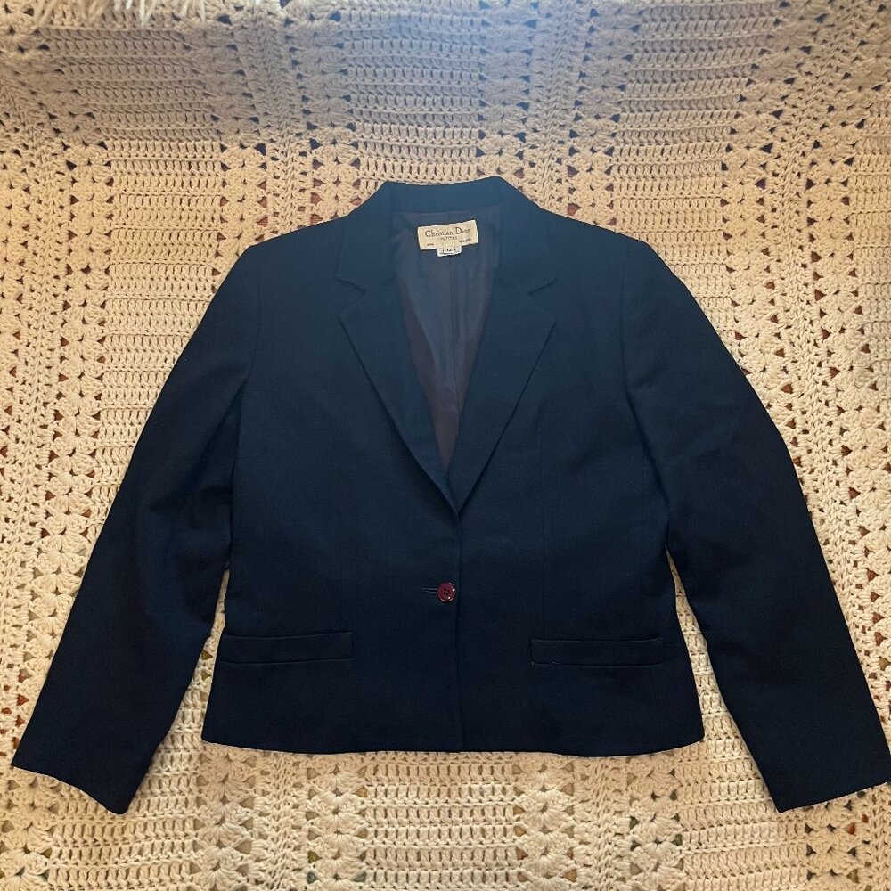 Christian Dior Petites Vintage Cropped Navy Wool Blazer Size 12 Petite